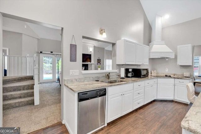 3800 Macland Rd, Hiram, GA 30141 - kitchen with black appliances, high vaulted ceiling, white cabinets, dark wood-style floors, and light stone countertops