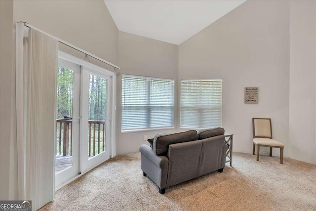 3800 Macland Rd, Hiram, GA 30141 - living area featuring carpet flooring, healthy amount of natural light, and high vaulted ceiling