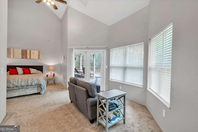 3800 Macland Rd, Hiram, GA 30141 - carpeted bedroom with high vaulted ceiling, access to exterior, and ceiling fan