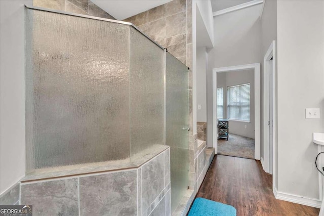 3800 Macland Rd, Hiram, GA 30141 - bathroom featuring wood finished floors and a tile shower