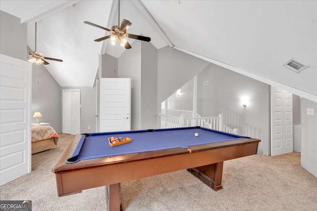 3800 Macland Rd, Hiram, GA 30141 - recreation room with a ceiling fan, lofted ceiling, carpet flooring, and pool table