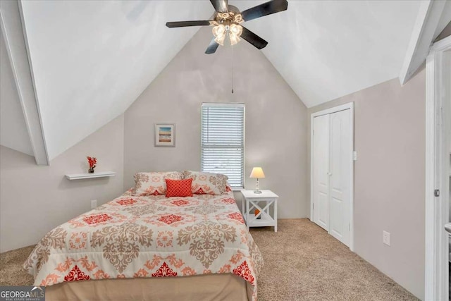 3800 Macland Rd, Hiram, GA 30141 - carpeted bedroom with vaulted ceiling, a closet, and a ceiling fan