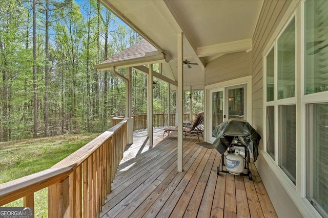 3800 Macland Rd, Hiram, GA 30141 - wooden terrace featuring a ceiling fan, area for grilling, and a view of trees