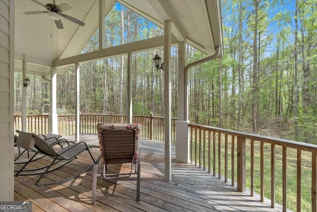 3800 Macland Rd, Hiram, GA 30141 - wooden terrace with a ceiling fan and a view of trees