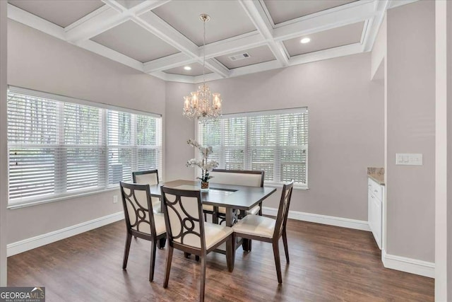 3800 Macland Rd, Hiram, GA 30141 - dining area featuring dark wood finished floors, a chandelier, coffered ceiling, and beam ceiling