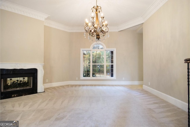 1418 Brighton Pl, Loganville, GA 30052 - unfurnished living room with a chandelier, carpet, ornamental molding, baseboards, and a multi sided fireplace