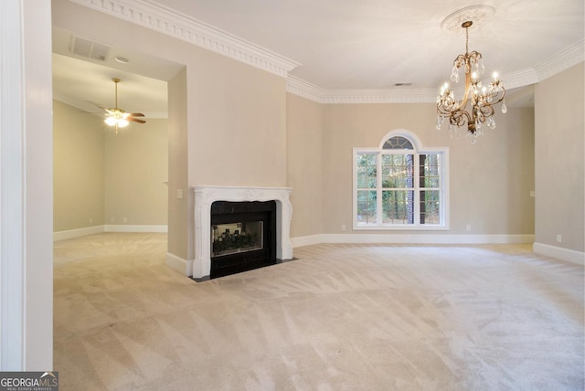 1418 Brighton Pl, Loganville, GA 30052 - unfurnished living room with ornamental molding, carpet flooring, a chandelier, a fireplace, and baseboards