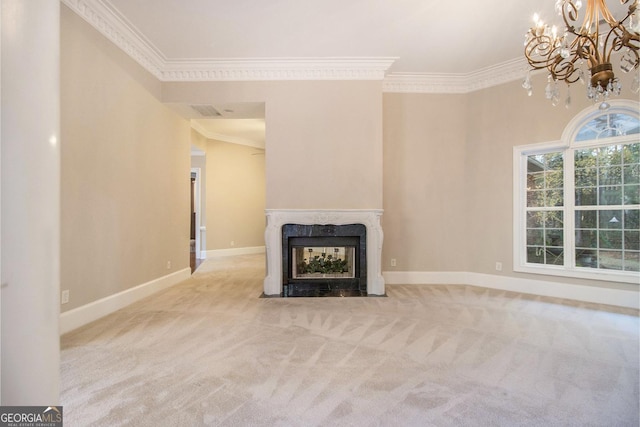 1418 Brighton Pl, Loganville, GA 30052 - unfurnished living room with ornamental molding, carpet floors, a chandelier, a high end fireplace, and baseboards