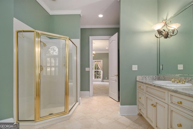 1418 Brighton Pl, Loganville, GA 30052 - bathroom with crown molding, vanity, a shower stall, tile patterned flooring, and baseboards