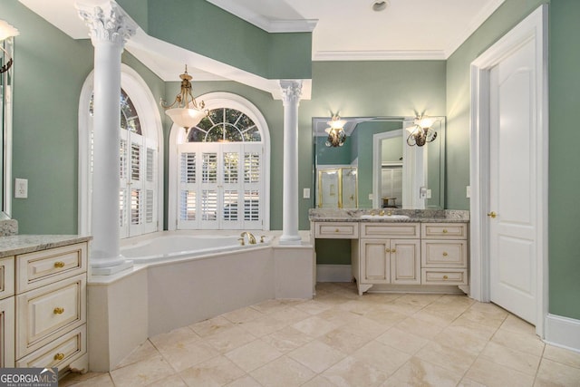 1418 Brighton Pl, Loganville, GA 30052 - full bath with decorative columns, vanity, a bath, ornamental molding, and tile patterned floors