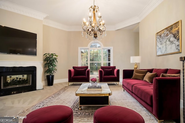 1418 Brighton Pl, Loganville, GA 30052 - living room with a chandelier, crown molding, a multi sided fireplace, and baseboards