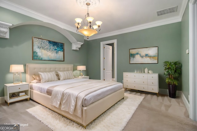 1418 Brighton Pl, Loganville, GA 30052 - carpeted bedroom with a chandelier, ornamental molding, and baseboards