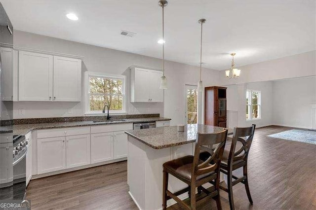 822 Pine Way, Dallas, GA 30157 - kitchen with dark wood-type flooring, a chandelier, white cabinetry, a center island, and appliances with stainless steel finishes