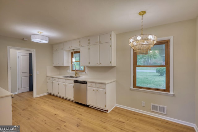 kitchen with stainless steel dishwasher, visible vents, white cabinets, and a sink