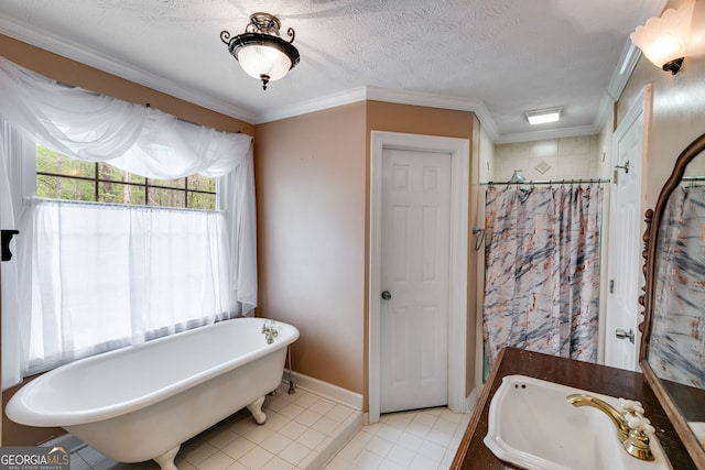 86 S Chattahoochee Dr, Hogansville, GA 30230 - full bath featuring a soaking tub, tile patterned flooring, ornamental molding, and curtained shower