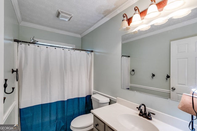86 S Chattahoochee Dr, Hogansville, GA 30230 - bathroom with vanity, crown molding, a textured ceiling, and curtained shower