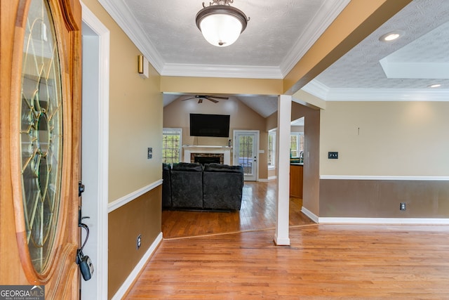 86 S Chattahoochee Dr, Hogansville, GA 30230 - foyer featuring a fireplace, light wood finished floors, a ceiling fan, a textured ceiling, and ornamental molding