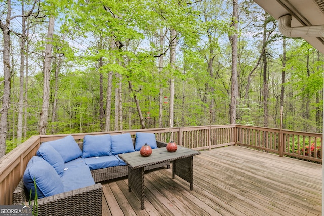 86 S Chattahoochee Dr, Hogansville, GA 30230 - wooden deck featuring outdoor lounge area and a wooded view