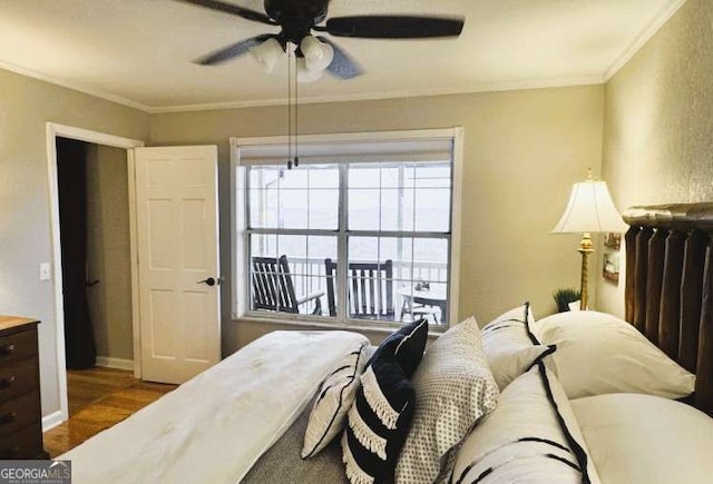 7 Lakeview Dr, Hayesville, NC 28904 - bedroom featuring baseboards, wood finished floors, a ceiling fan, and ornamental molding