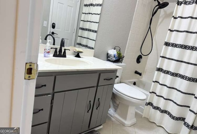 7 Lakeview Dr, Hayesville, NC 28904 - bathroom with toilet, tile patterned flooring, a textured wall, shower / bathtub combination with curtain, and vanity