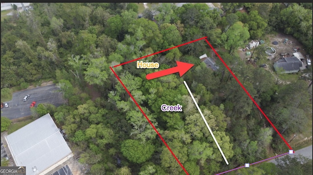 bird's eye view with a wooded view