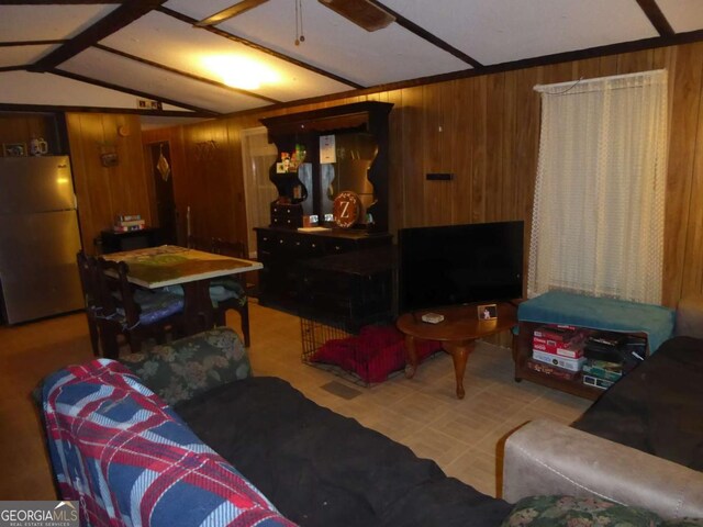 1467 Creek Rd, Hiawassee, GA 30546 - living area with vaulted ceiling, ceiling fan, and wood walls