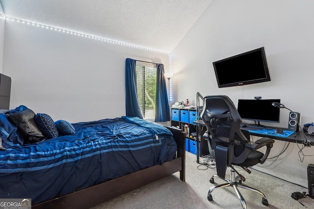carpeted bedroom featuring vaulted ceiling and a textured ceiling