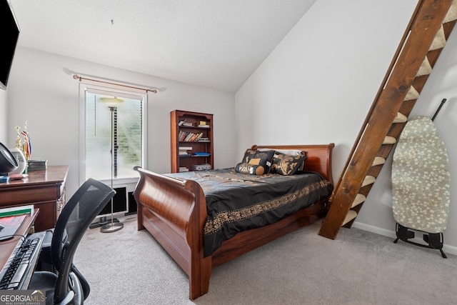 bedroom featuring vaulted ceiling, carpet floors, baseboards, and access to outside