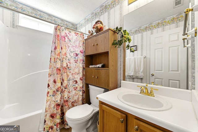 full bath featuring wallpapered walls, visible vents, toilet, and vanity