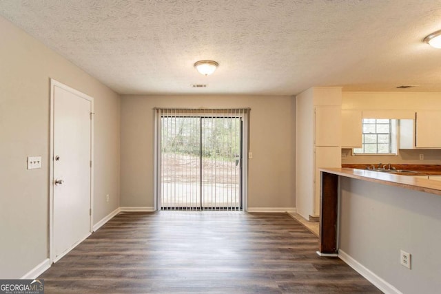 unfurnished dining area featuring plenty of natural light, baseboards, a sink, and dark wood finished floors