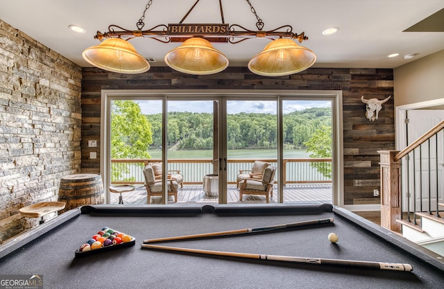 97 E Laceola Rd S, Cleveland, GA 30528 - game room featuring recessed lighting, billiards, a water view, and wooden walls