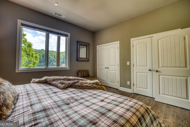 97 E Laceola Rd S, Cleveland, GA 30528 - bedroom with two closets, baseboards, visible vents, and wood finished floors