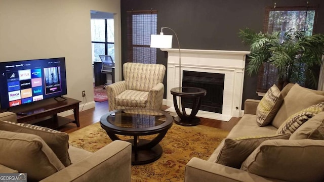 living room with a fireplace with flush hearth, baseboards, and wood finished floors