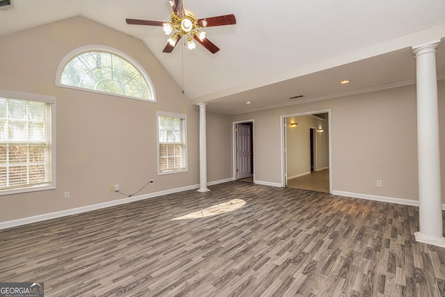 230 Hidden Brook Trl, Fayetteville, GA 30215 - unfurnished living room with ornate columns, ceiling fan, wood finished floors, baseboards, and recessed lighting