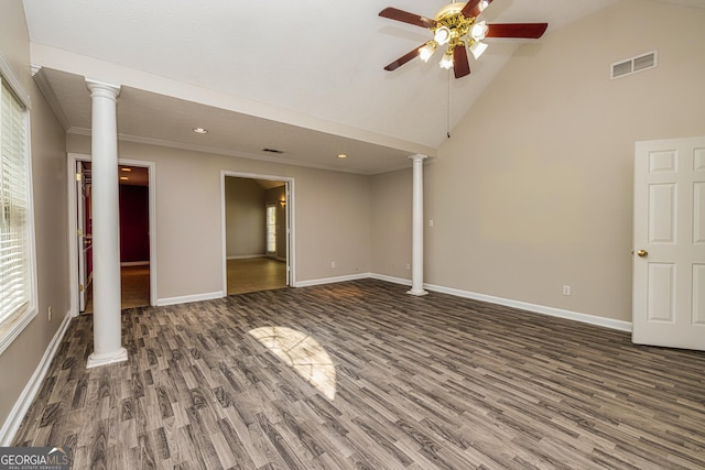 230 Hidden Brook Trl, Fayetteville, GA 30215 - spare room with ornate columns, a ceiling fan, healthy amount of natural light, wood finished floors, and ornamental molding