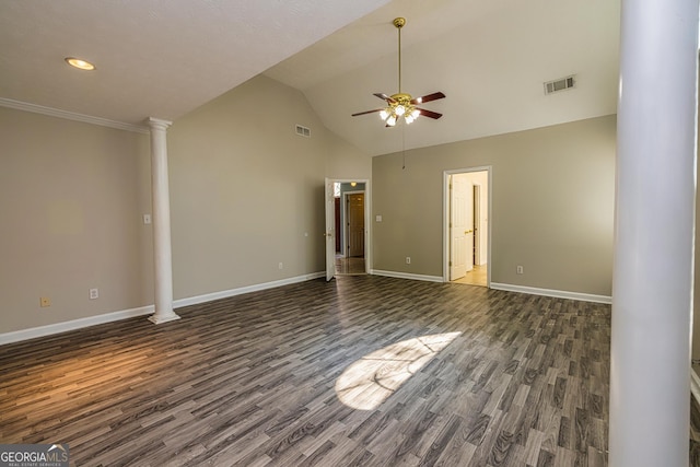 230 Hidden Brook Trl, Fayetteville, GA 30215 - unfurnished living room featuring a ceiling fan, dark wood finished floors, baseboards, ornate columns, and high vaulted ceiling