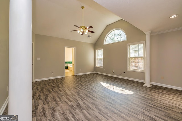 230 Hidden Brook Trl, Fayetteville, GA 30215 - unfurnished room with ornate columns, a ceiling fan, wood finished floors, baseboards, and high vaulted ceiling