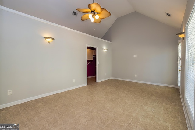 230 Hidden Brook Trl, Fayetteville, GA 30215 - empty room featuring a ceiling fan, light floors, baseboards, and high vaulted ceiling