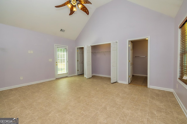 230 Hidden Brook Trl, Fayetteville, GA 30215 - unfurnished bedroom with high vaulted ceiling, baseboards, ensuite bath, and ceiling fan