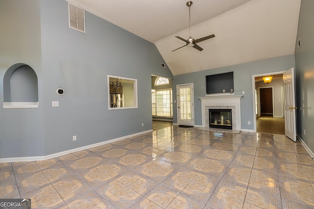 230 Hidden Brook Trl, Fayetteville, GA 30215 - unfurnished living room featuring ceiling fan, high vaulted ceiling, tile patterned flooring, a glass covered fireplace, and baseboards