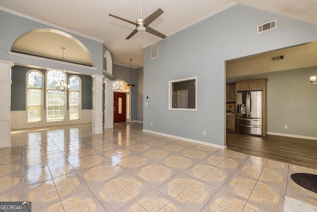 230 Hidden Brook Trl, Fayetteville, GA 30215 - unfurnished living room with a ceiling fan, high vaulted ceiling, a chandelier, light tile patterned floors, and ornamental molding