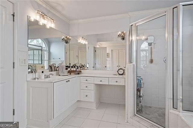 295 Sagamore Cv NW, Sugar Hill, GA 30518 - bathroom with a chandelier, a shower stall, crown molding, tile patterned floors, and vanity