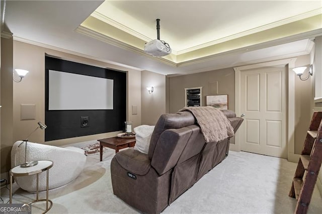 295 Sagamore Cv NW, Sugar Hill, GA 30518 - home theater featuring crown molding, a raised ceiling, and light colored carpet