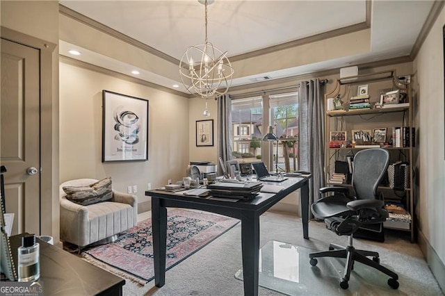 office area featuring ornamental molding, carpet flooring, a chandelier, baseboards, and a raised ceiling