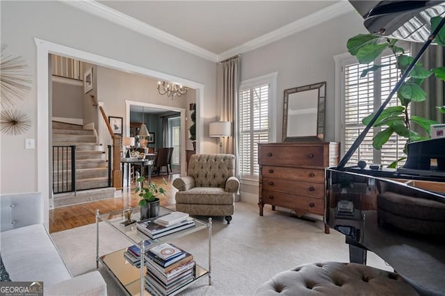 295 Sagamore Cv NW, Sugar Hill, GA 30518 - living area featuring stairs, a chandelier, and crown molding