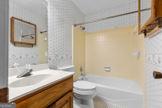 full bathroom featuring shower / washtub combination, vanity, tile patterned flooring, toilet, and wallpapered walls