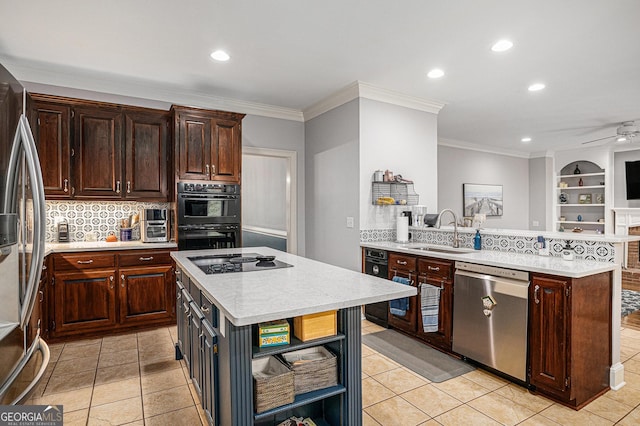 kitchen featuring open shelves, a sink, black appliances, and crown molding
