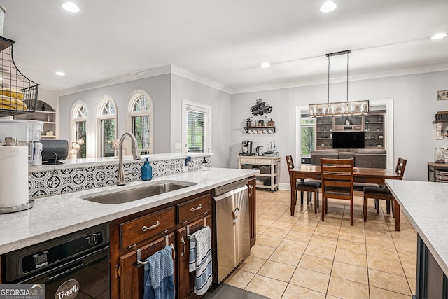 kitchen featuring crown molding, a sink, light tile patterned floors, dishwasher, and recessed lighting