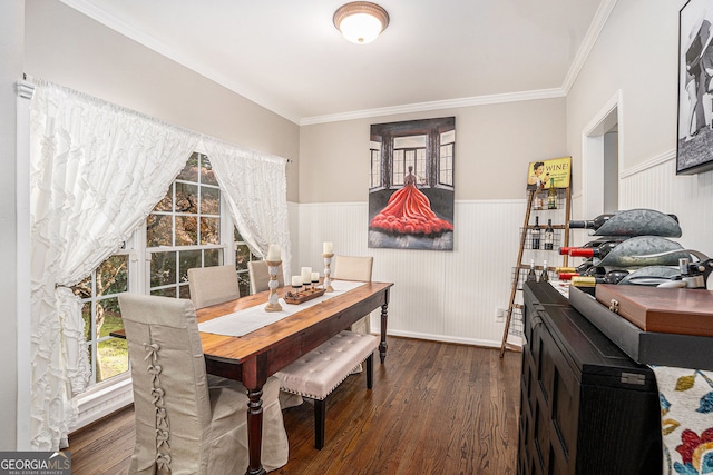 105 Blackberry Ct, Woodstock, GA 30188 - dining room with a wainscoted wall, dark wood-type flooring, ornamental molding, and a desk