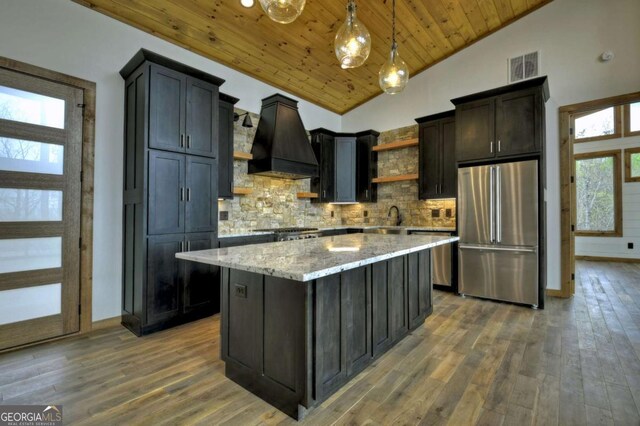768 Cherokee Cir, Ellijay, GA 30540 - kitchen featuring visible vents, open shelves, premium range hood, wood ceiling, and stainless steel appliances